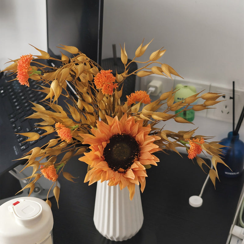 16 Inch Artificial Sunflower and Oat Arrangement 1 Pc Thanksgiving Centerpiece in Ceramic Vase