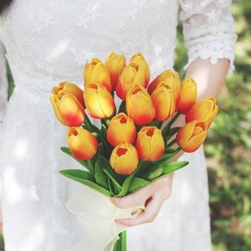 9 Inch Artificial Tulip Wedding Bouquet 10 Pcs Neutral Color Silk Flowers Bulk Wholesale
