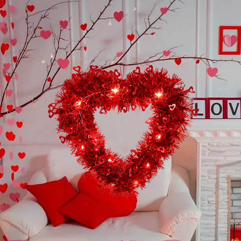 Valentine's Day Heart Shape Wreath 12 Inch Glitter Tinsel Garland Artificial Decoration