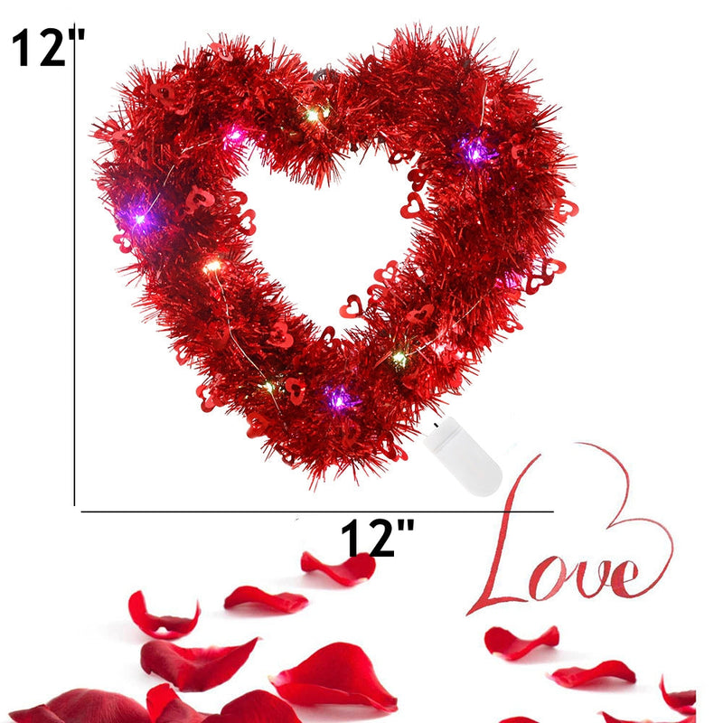 Valentine's Day Heart Shape Wreath 12 Inch Glitter Tinsel Garland Artificial Decoration