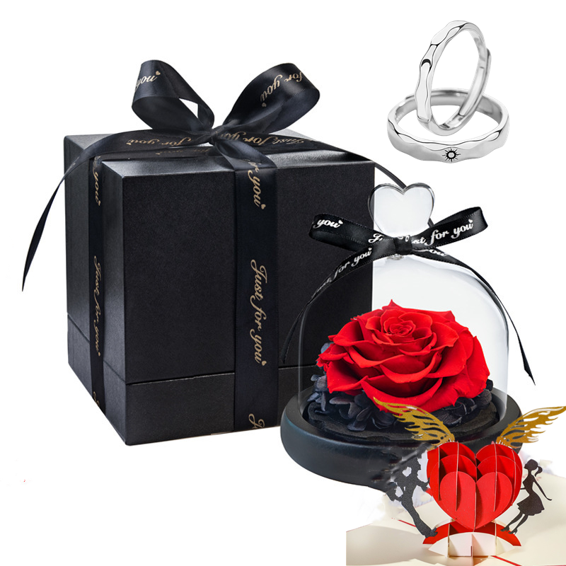 4 Pcs Preserved Artificial Roses with Jewelry Ring and Cards Valentine Gift Set