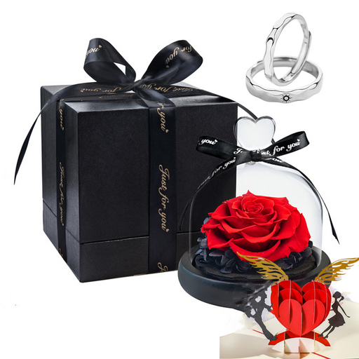 4 Pcs Preserved Artificial Roses with Jewelry Ring and Cards Valentine Gift Set