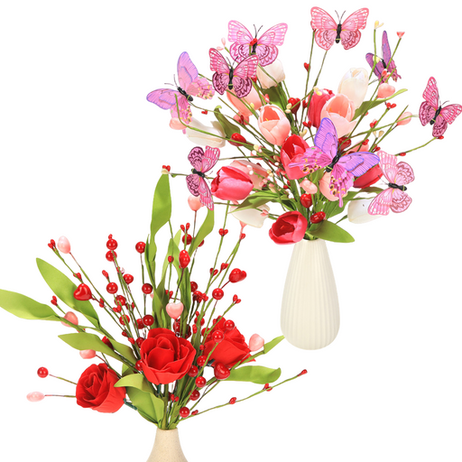 3 Pcs 17 Inch Artificial Tulip and Rose Flower Stems Bouquet with Butterfly Decoration