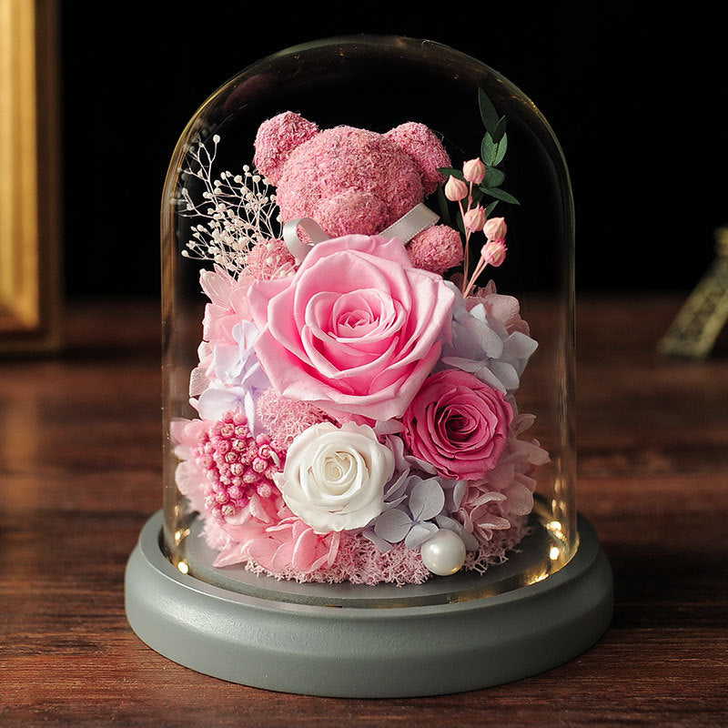 Preserved Rose Moss Bear with LED Light Bulk Gift Set Artificial Flowers