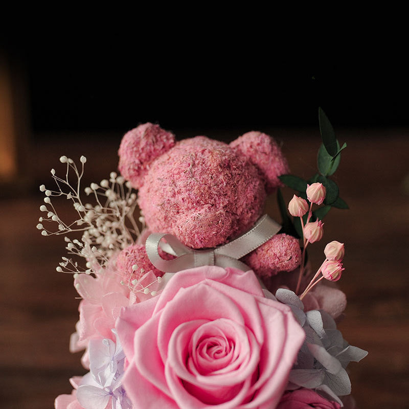 Preserved Rose Moss Bear with LED Light Bulk Gift Set Artificial Flowers