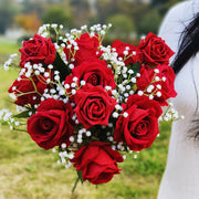 Red Rose Bouquet with Baby's Breath, 12 Stems, Artificial Silk Flowers for Floral Arrangements