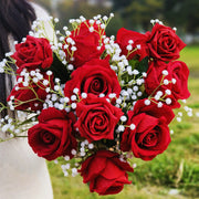 Red Rose Bouquet with Baby's Breath, 12 Stems, Artificial Silk Flowers for Floral Arrangements