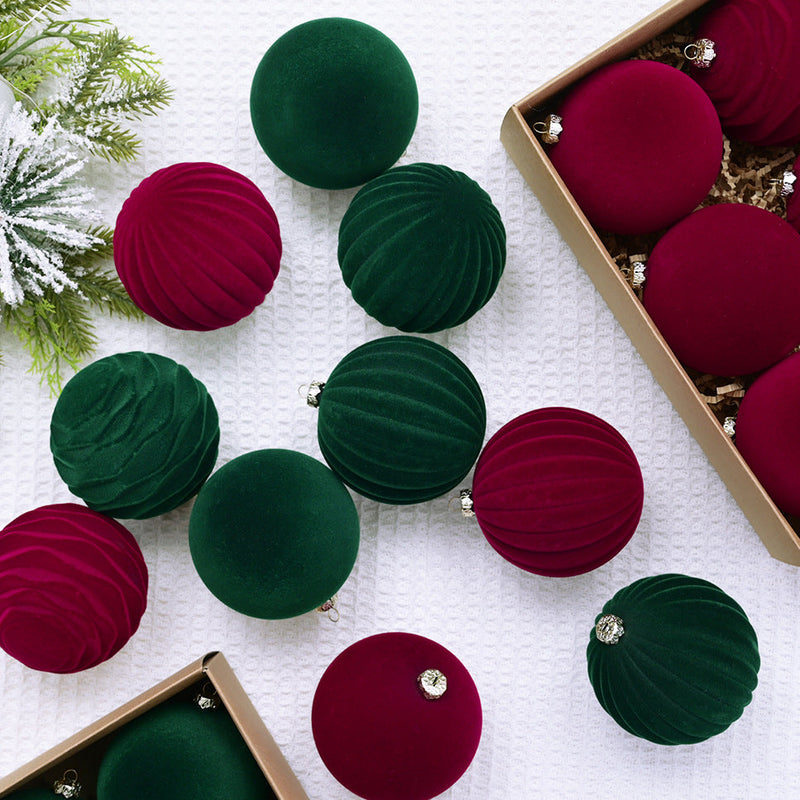 12 Inch Velvet Christmas Ball Ornaments, 12 Pcs Hanging Decorations, Red Artificial Holiday Decor