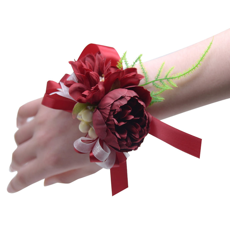 Peony Wrist Corsage Bracelet 10 Pcs Artificial Silk Flowers Wedding Bulk