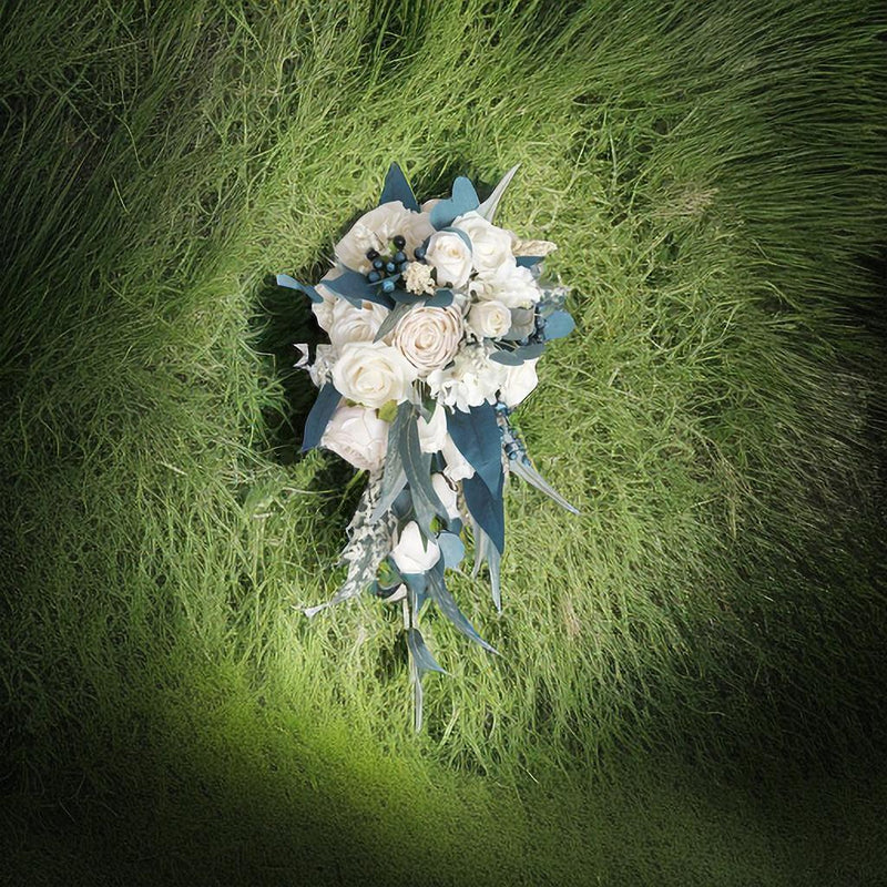 11 Inch Cascading Noble Rose Bouquet, Navy Blue and Champagne, 1 Pc Artificial Wedding Flowers