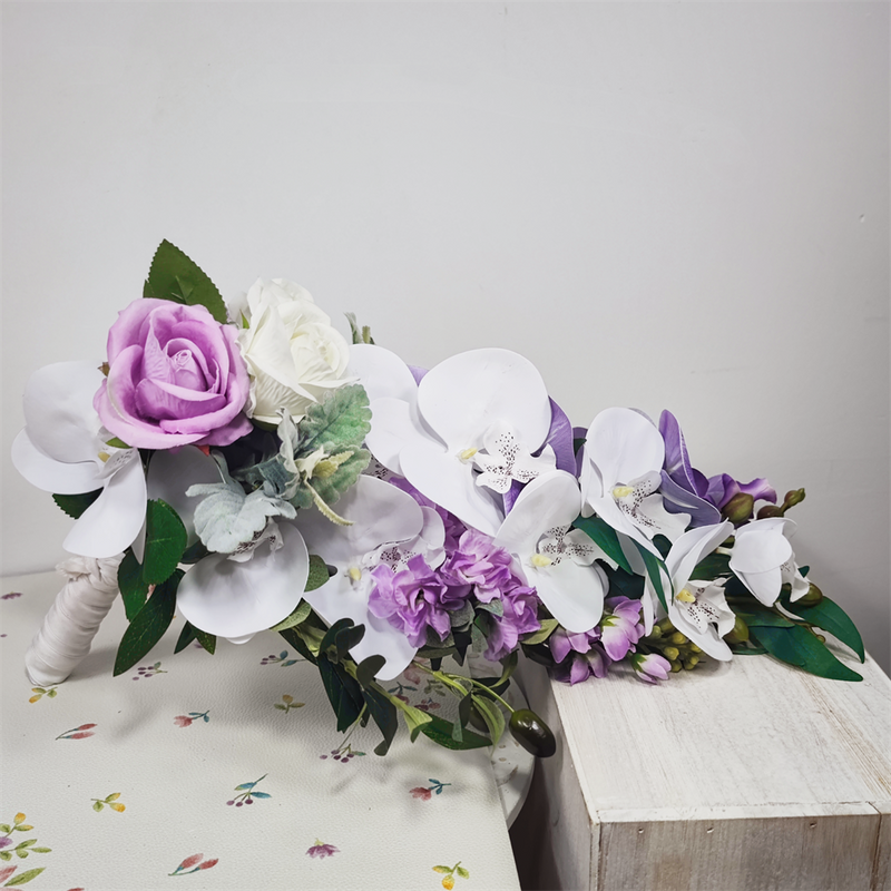 Orchids Cascading Bridal Bouquet 12 Inch White and Wisteria Artificial Flowers Bulk Wedding Arrangement