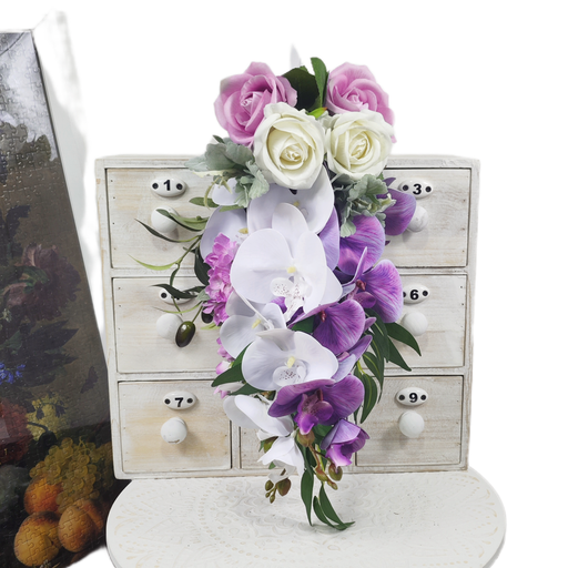 Orchids Cascading Bridal Bouquet 12 Inch White and Wisteria Artificial Flowers Bulk Wedding Arrangement