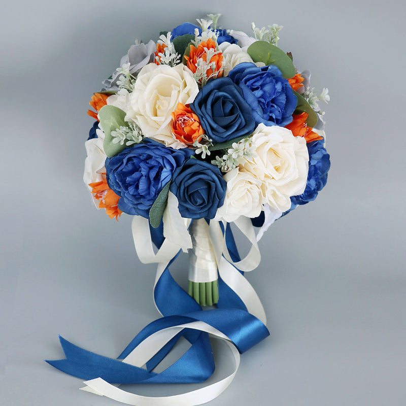 10 Inch Royal Blue Artificial Rose Peony Wedding Bouquets, 10 Pcs Bulk Set