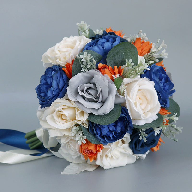 10 Inch Royal Blue Artificial Rose Peony Wedding Bouquets, 10 Pcs Bulk Set