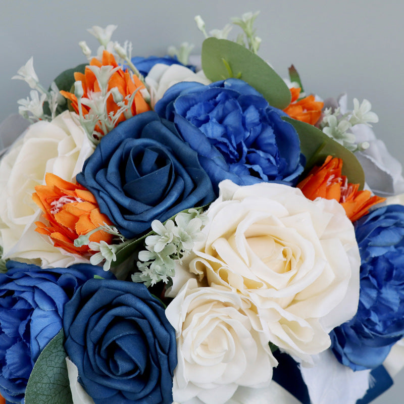 10 Inch Royal Blue Artificial Rose Peony Wedding Bouquets, 10 Pcs Bulk Set