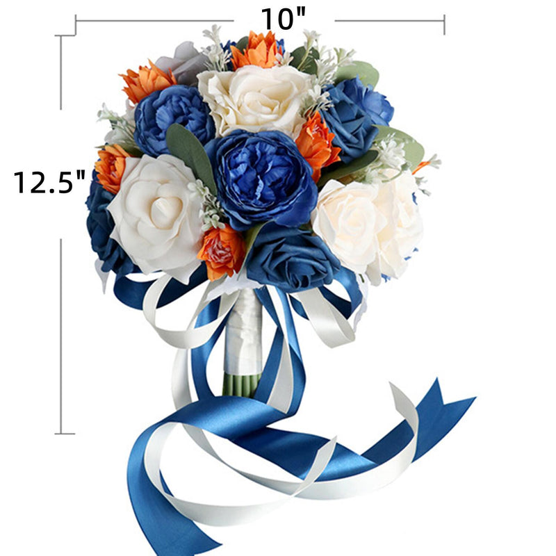 10 Inch Royal Blue Artificial Rose Peony Wedding Bouquets, 10 Pcs Bulk Set