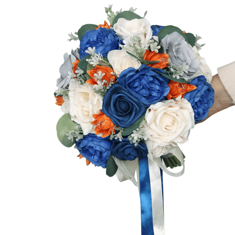 10 Inch Royal Blue Artificial Rose Peony Wedding Bouquets, 10 Pcs Bulk Set