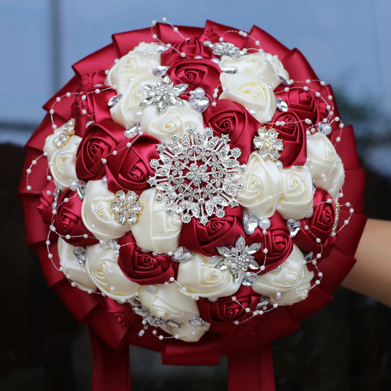 20 Pcs Handmade Satin Rose Bridal Bouquet 8.3 Inch Round Wedding Toss Flowers Bulk 20 Colors