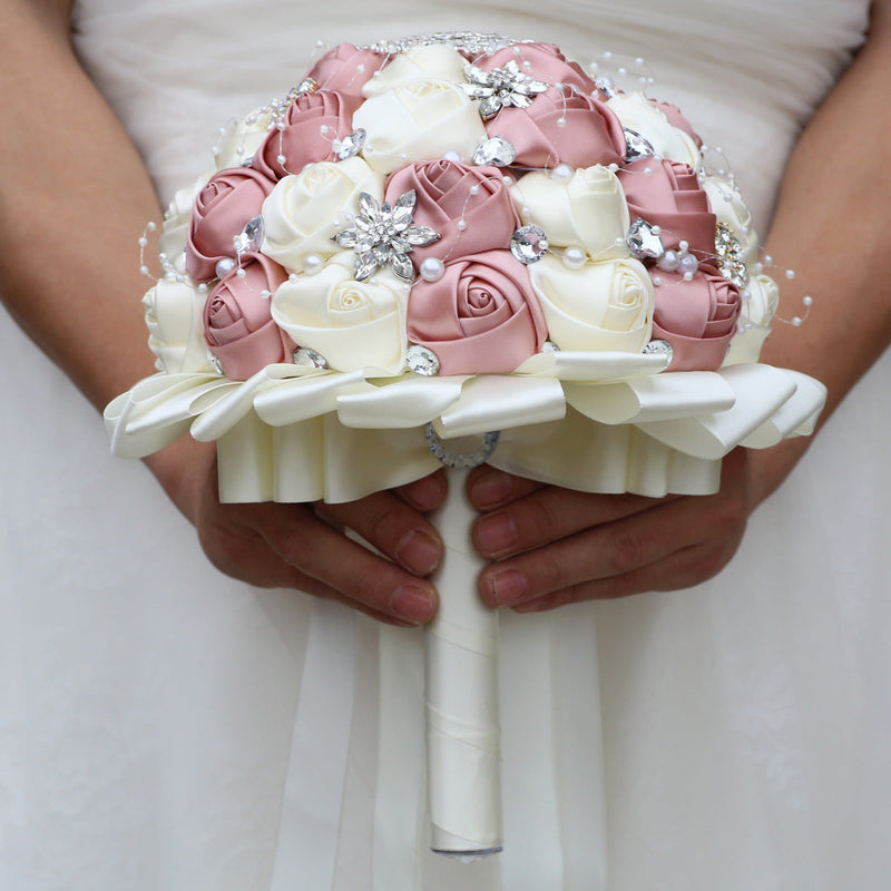 20 Pcs Handmade Satin Rose Bridal Bouquet 8.3 Inch Round Wedding Toss Flowers Bulk 20 Colors