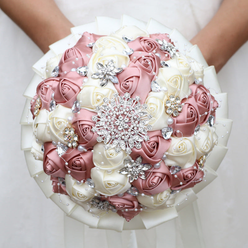 20 Pcs Handmade Satin Rose Bridal Bouquet 8.3 Inch Round Wedding Toss Flowers Bulk 20 Colors