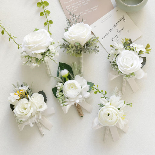 White Artificial Corsage and Boutonniere Set, Bulk Rustic Vintage Wedding Prom Accessories