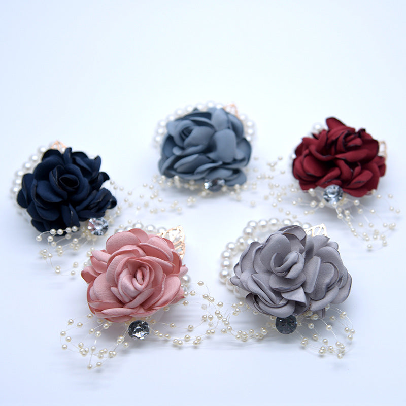 Fall Wedding Rose Corsage Bracelet with Artificial Pearls and Diamond Accents, Bulk Quantity