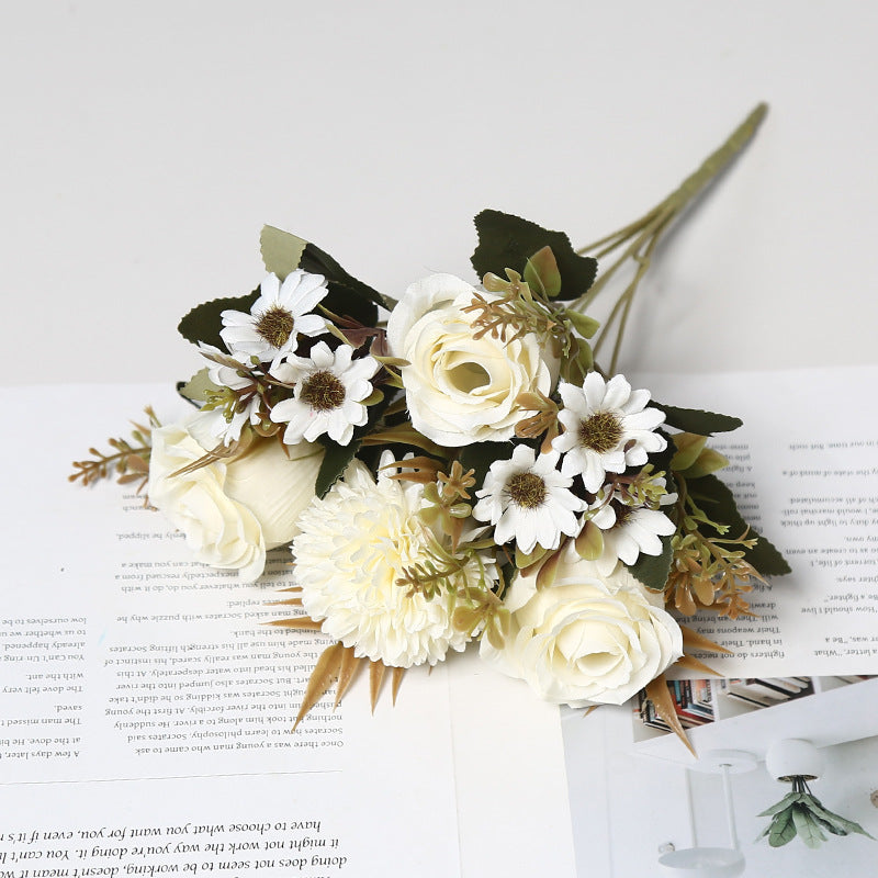 11.8 Inch Artificial Rose Bush Bouquet with Mum & Daisy, Mixed Small Silk Flowers, 1 Bouquet for Table Arrangement, Home Decor, Wedding DIY