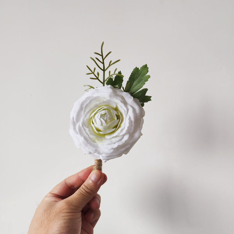 10 Pcs Real Touch White Ranunculus Boutonnieres Artificial Flowers for Wedding
