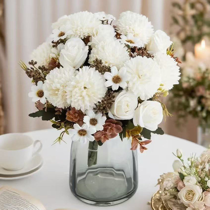 12 Inch Artificial Silk Fall Flowers Bouquet, 10 Stems Mixed Chrysanthemum Rose Daisy Mums Faux Floral Arrangement