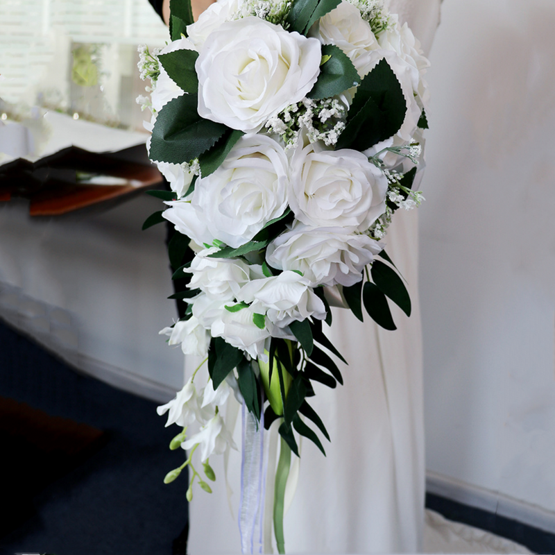 5 Colors 9 Inch Artificial Silk Rose Cascading Bridal Wedding Bouquet Bulk Set