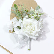 Rose Wrist Corsage and Men Boutonniere Set, White Artificial Flowers, Bulk Wedding Accessories