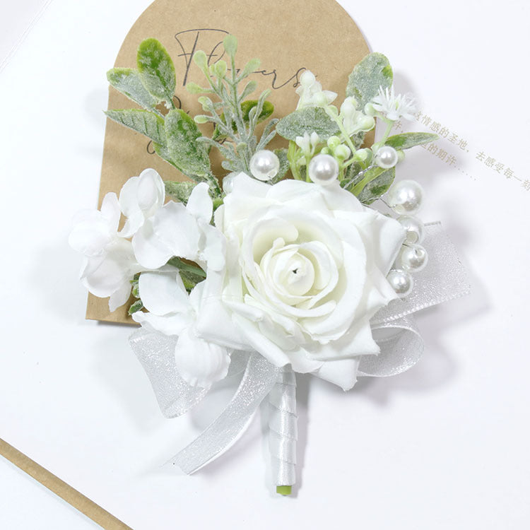 Rose Wrist Corsage and Men Boutonniere Set, White Artificial Flowers, Bulk Wedding Accessories