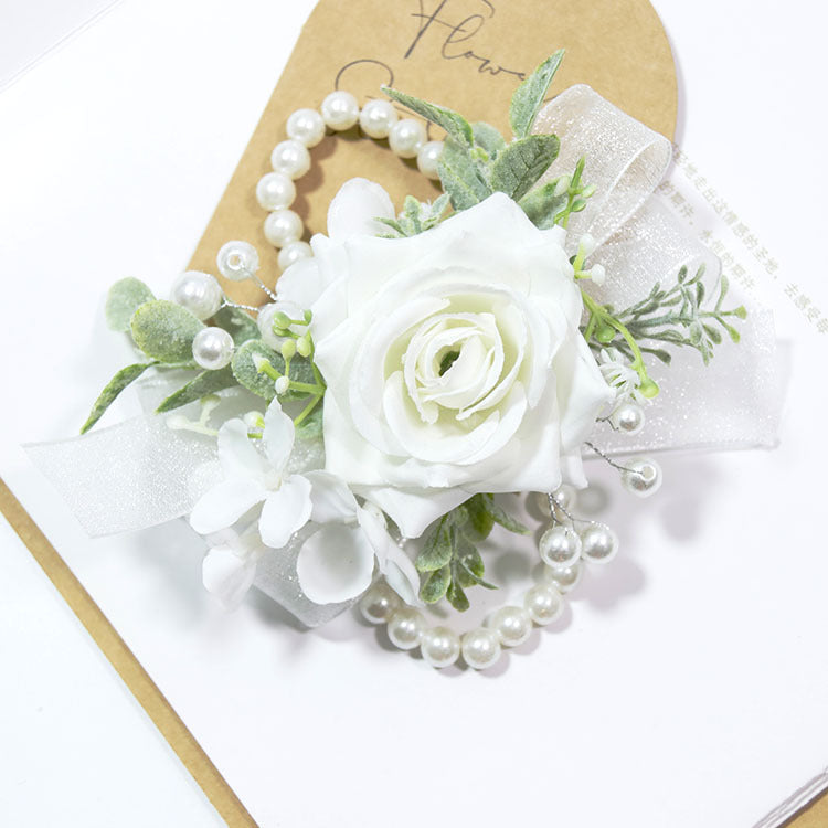 Rose Wrist Corsage and Men Boutonniere Set, White Artificial Flowers, Bulk Wedding Accessories