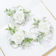 Rose Wrist Corsage and Men Boutonniere Set, White Artificial Flowers, Bulk Wedding Accessories