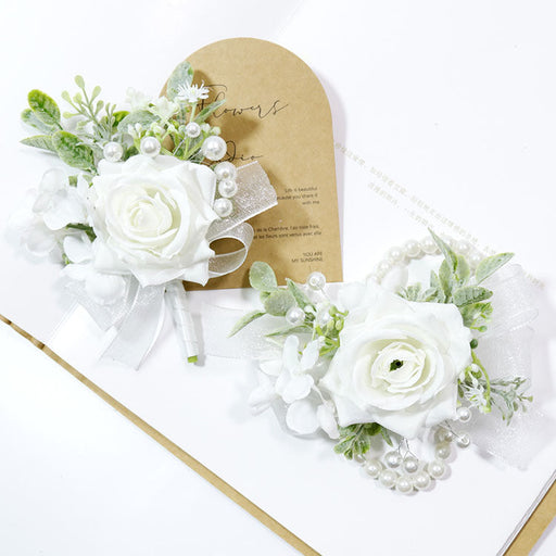 Rose Wrist Corsage and Men Boutonniere Set, White Artificial Flowers, Bulk Wedding Accessories