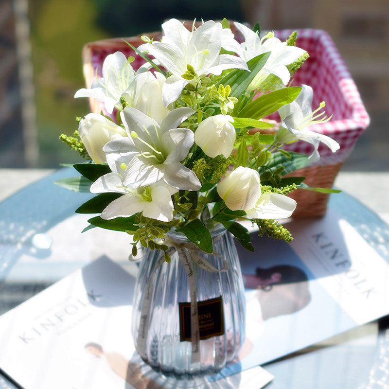 15 Inch Artificial Lily and Tulip Mixed Bush Bouquet, 1 Piece, Silk Flowers for Wedding and Home Decor