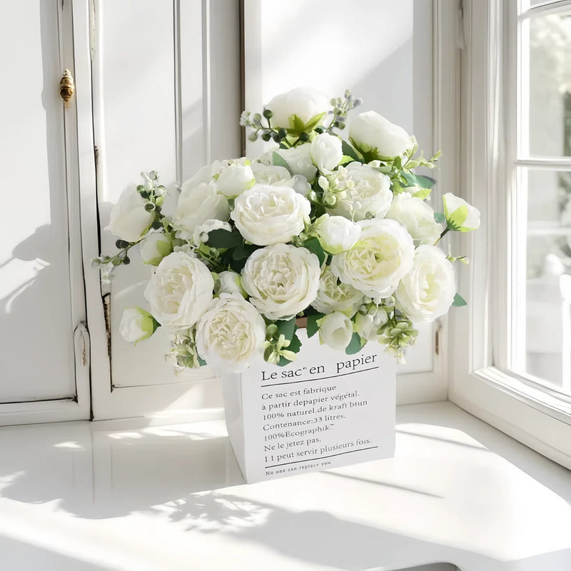2 Pcs White Artificial Silk Peony Flowers Bouquet for Wedding Table Centerpiece