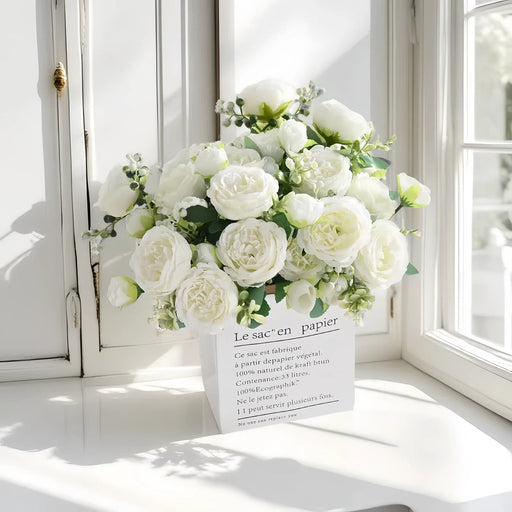 2 Pcs White Artificial Silk Peony Flowers Bouquet for Wedding Table Centerpiece