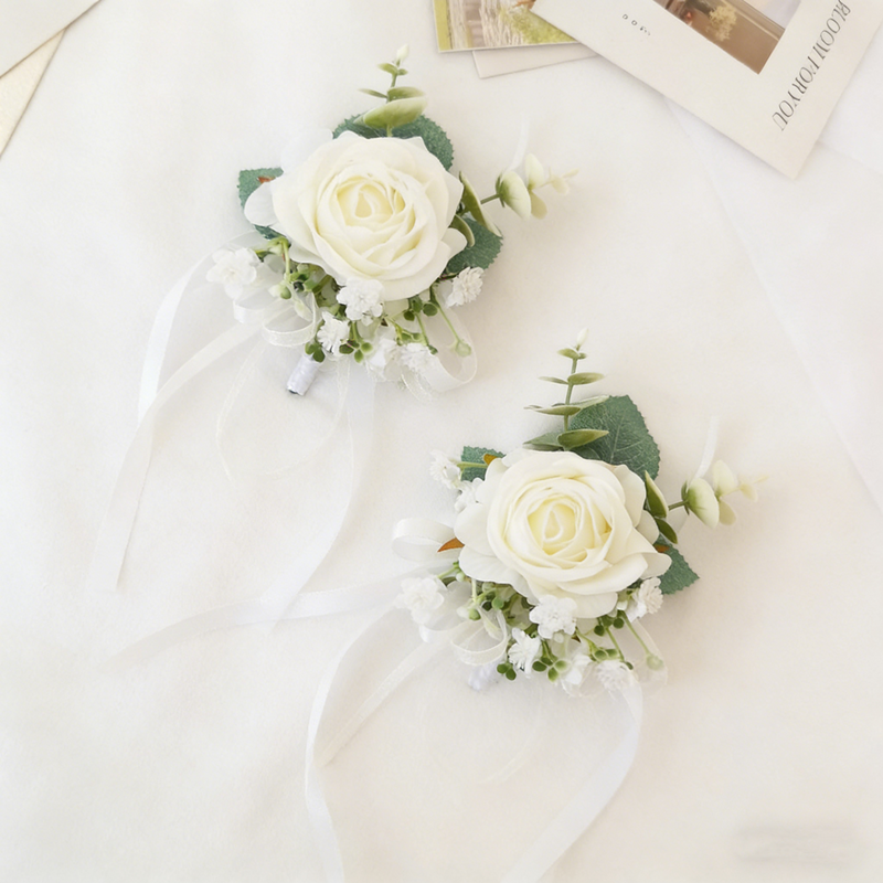 White Rose Corsage Set 10 Pcs Bulk Wedding Bridesmaid Prom Party Artificial Flowers