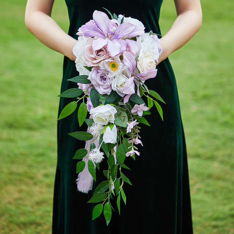 9 Inch White and Purple Cascading Bridal Rose Orchid Bouquet 10 Pcs Artificial Flowers
