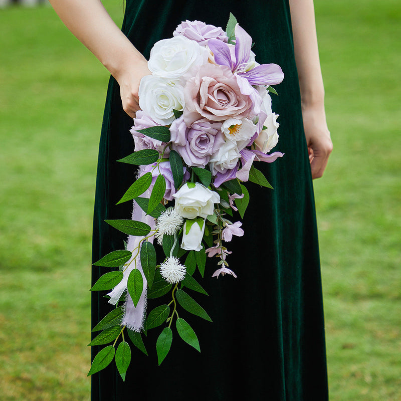 9 Inch White and Purple Cascading Bridal Rose Orchid Bouquet 10 Pcs Artificial Flowers