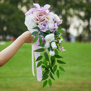 9 Inch White and Purple Cascading Bridal Rose Orchid Bouquet 10 Pcs Artificial Flowers