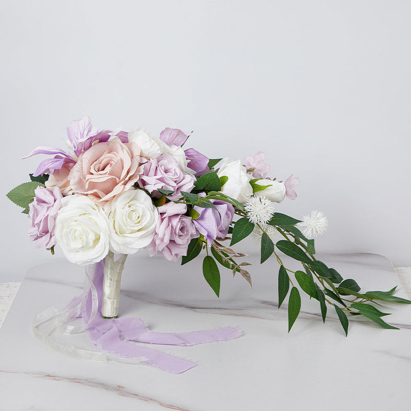 9 Inch White and Purple Cascading Bridal Rose Orchid Bouquet 10 Pcs Artificial Flowers