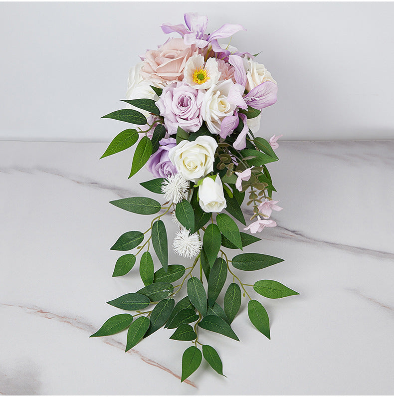 9 Inch White and Purple Cascading Bridal Rose Orchid Bouquet 10 Pcs Artificial Flowers