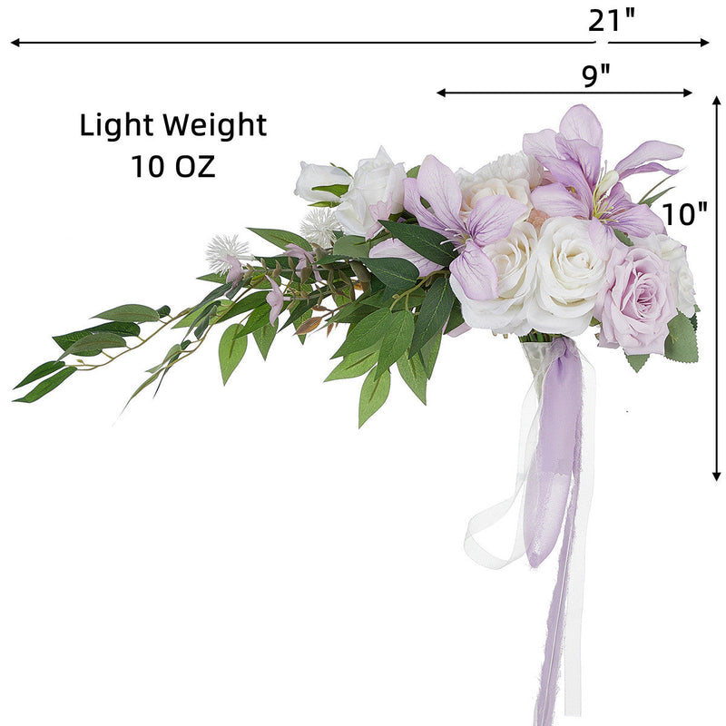 9 Inch White and Purple Cascading Bridal Rose Orchid Bouquet 10 Pcs Artificial Flowers