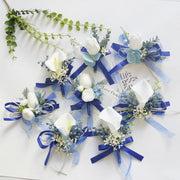 White and Blue Artificial Flower Wrist Corsage and Men’s Boutonniere Set for Wedding – Bulk Pack