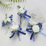 White and Blue Artificial Flower Wrist Corsage and Men’s Boutonniere Set for Wedding – Bulk Pack