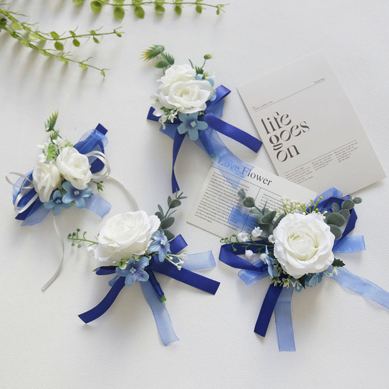 White and Blue Artificial Flower Wrist Corsage and Men’s Boutonniere Set for Wedding – Bulk Pack