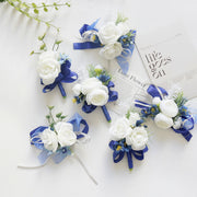 White and Blue Artificial Flower Wrist Corsage and Men’s Boutonniere Set for Wedding – Bulk Pack