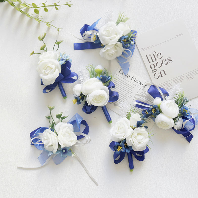 White and Blue Artificial Flower Wrist Corsage and Men’s Boutonniere Set for Wedding – Bulk Pack
